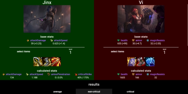 Thumbnail with a screenshot of the collector damage calculator page with Jinx and Vi selected and some items chosen. Their calculated stats can be seen