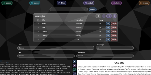 Thumbnail with a screenshot of the humbak cms showcasing the pages table along with the meta and code editor and the html preview