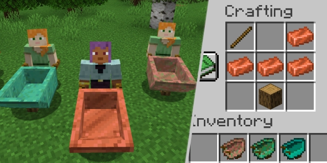 Thumbnail with, on the left, a screenshot of minecraft characters next to wheelbarrows. On the right, a screenshot of the wheelbarrow crafting recipe